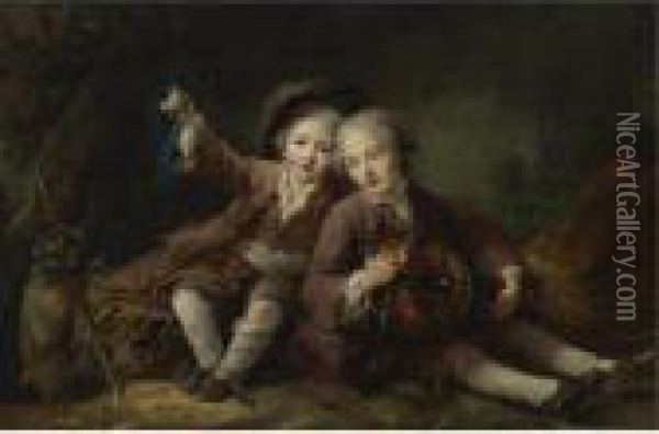 The Children Of The Duc De 
Bouillon Dressed As Montagnards; One Playing A Hurdy-gurdy, The Other 
Playing With A Marmot On A Ribbon Oil Painting - Francois-Hubert Drouais