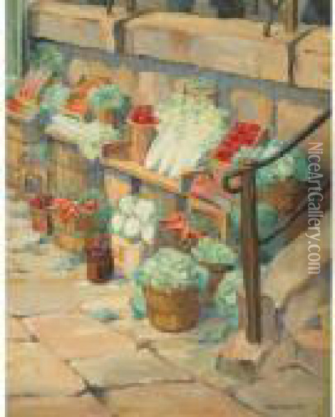 A Fruit And Vegetable Stall, Bonsecours Market, Montreal Oil Painting - Paul Archibald Caron