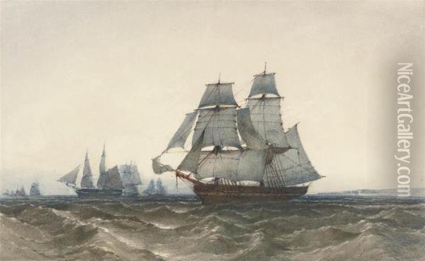 Merchantmen In The Channel At Dusk Oil Painting - John Callow