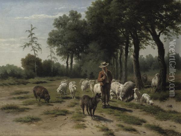 A Shepherd With His Flock On A Forest Path Oil Painting - Frans Lebret