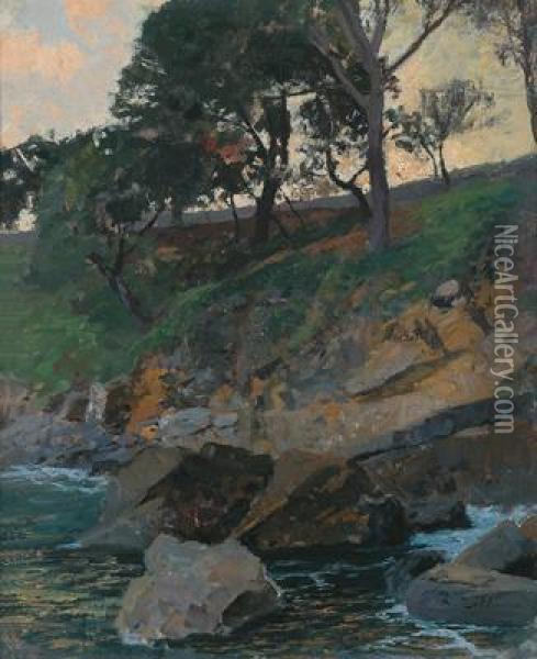 Trees On A Riverbank Oil Painting - Alfred Zoff