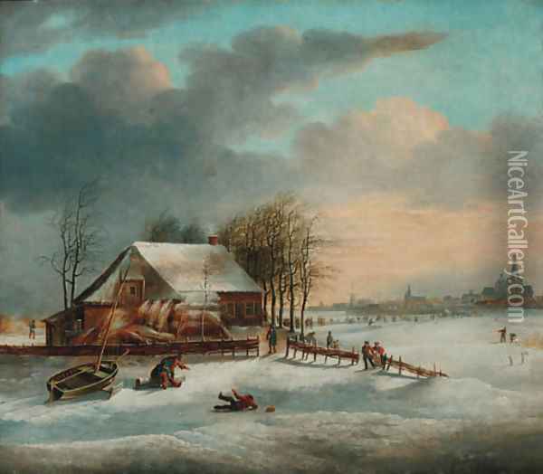 A winter landscape with figures skating on a frozen lake Oil Painting - Dutch School