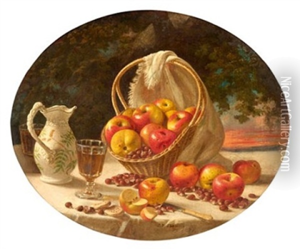 Still Life Of Apples And Nuts In A Basket, A Sunset In The Distance Oil Painting - John F. Francis