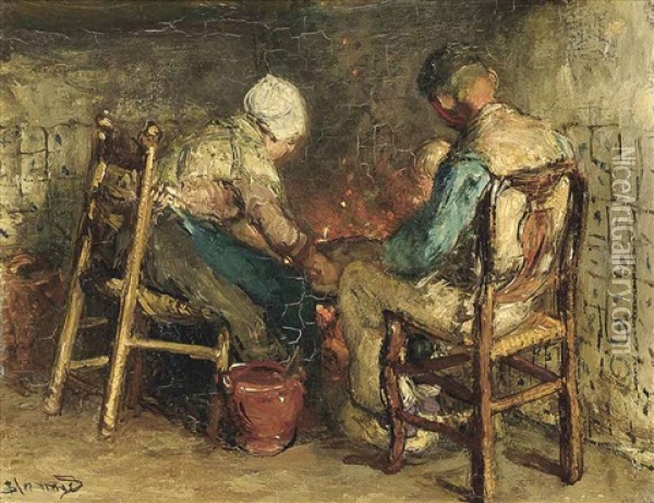 At The Fireside Oil Painting - Bernardus Johannes Blommers