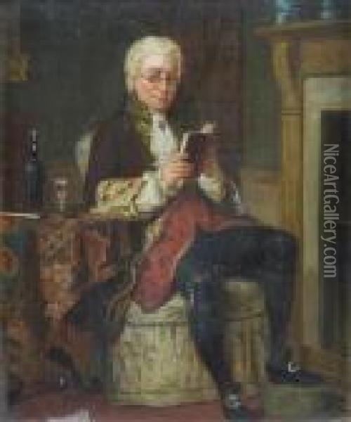 An Absorbingread, 18th Century Interior With Seated Figure Oil Painting - John Watkins Chapman