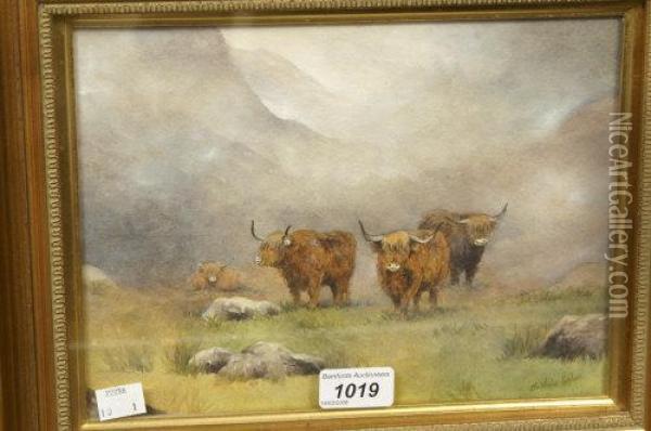 Highland Cattle On A Misty Morn Oil Painting - Christopher Hughes