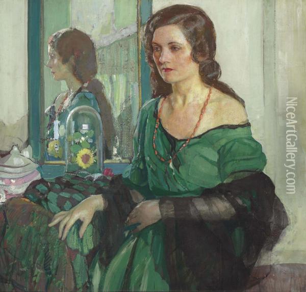 Lady In Green Oil Painting - Richard Emile Miller