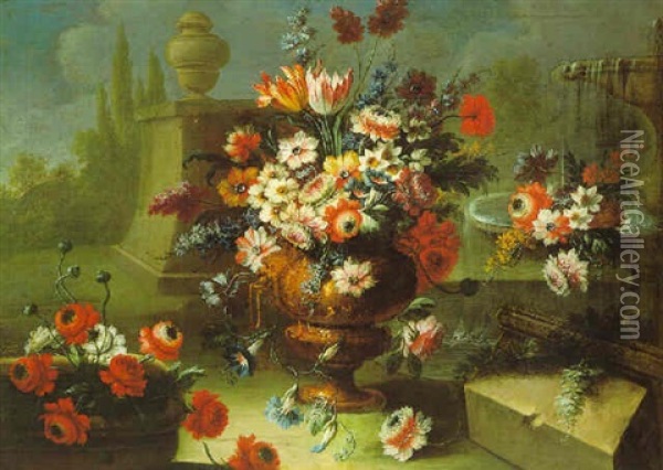 Blumenstraus In Einer Vergoldeten Prunkvase Bei Einem Steinernen Brunnen In Einem Schlospark Oil Painting - Gasparo Lopez
