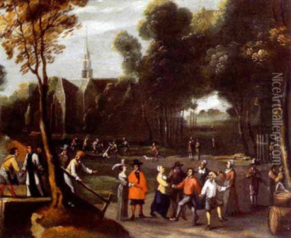 Scene De Village Aux Danseurs Oil Painting - Jan van den Hecke the Elder