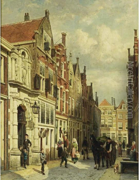 The Entrance Of The Community School In The Vriesestraat, Dordrecht Oil Painting - Cornelis Springer