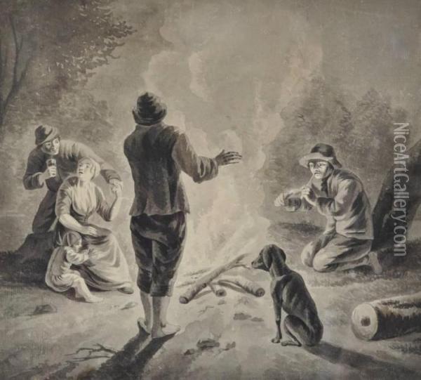 Figures Round A Camp Fire Oil Painting - David The Younger Teniers