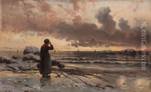 Fiskerkone Pa Stranden Oil Painting - Frithjof Smith-Hald