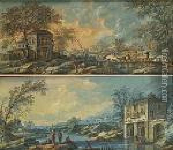 Deux Scenes Au Bord De L'eau Oil Painting - Jean-Baptiste Pillement