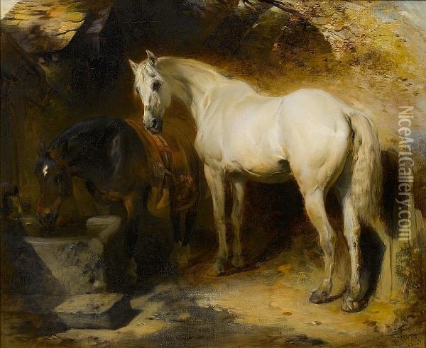 Horses Watering Oil Painting - William Huggins