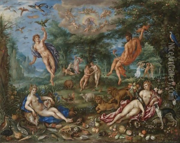 The Four Elements, With Scenes From Genesis Beyond Oil Painting - Hendrick De Clerck