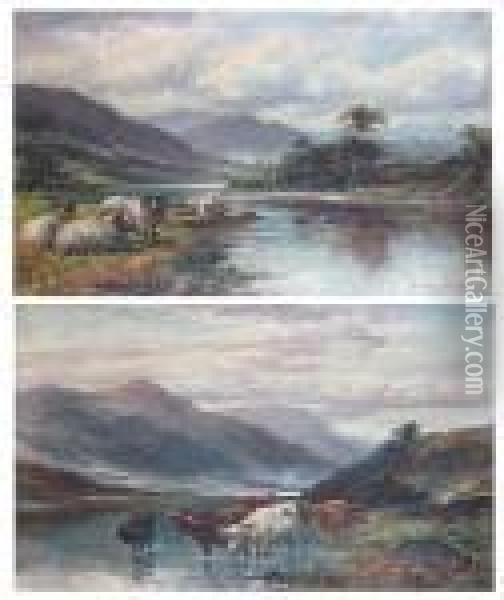 Highland Cattle Watering At The 
Riverside,together With Another Of Sheep At The Waters Edge Oil Painting - William Langley