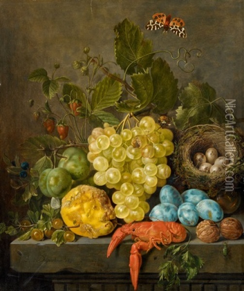 Crab, Insects And A Bird's Nest On A Stone Table Oil Painting - Johann Daniel Bager