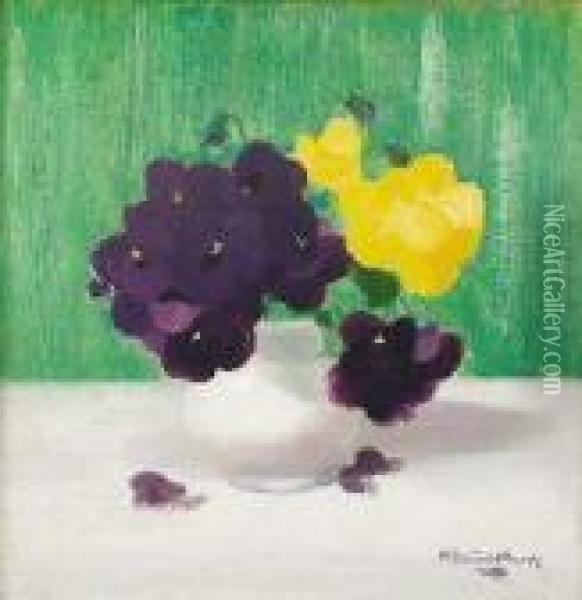 Still Life Of Purple And Yellow Pansies Oil Painting - James Stuart Park