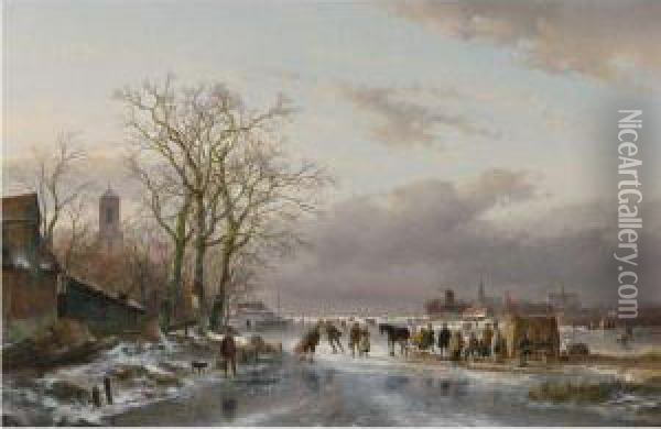 Numerous Skaters And A Horse-sledge By A Refreshment Stall, Atown In The Distance Oil Painting - Andreas Schelfhout
