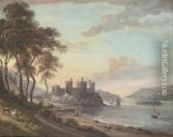 Conway Castle, North Wales, With Figures In The Foreground And Shipping Beyond Oil Painting - Paul Sandby