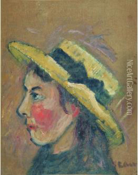  Yvonne De Profil Au Chapeau De Paille, 1913  Oil Painting - Gustave Loiseau