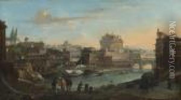Rome: The Isola Tiburtina; And Rome: The Tiber With The Castelsant'angelo Beyond Oil Painting - Paolo Anesi