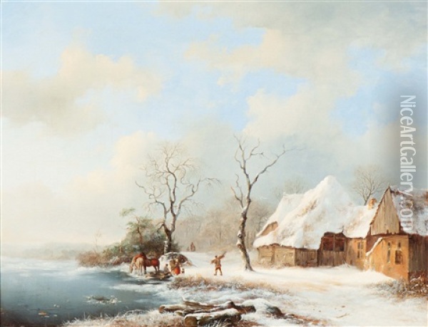 Winter Landscape With Riders Near A Farm Oil Painting - Frederik Marinus Kruseman