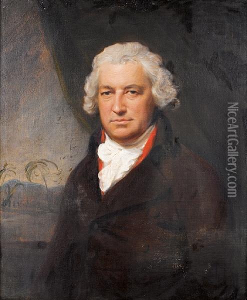 Portrait Of Bryan Edwards (1743-1800),half-length, In A Brown Coat, Seated Before A Green Curtain, A Viewto A Caribbean Landscape Beyond Oil Painting - Lemuel Francis Abbott