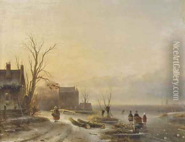 Figures on the ice at dusk Oil Painting - Cornelis Petrus T' Hoen