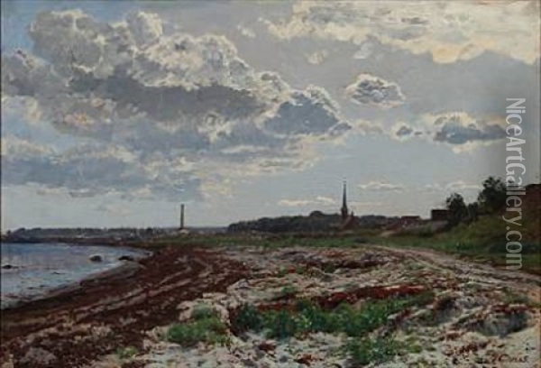 Beach Scene Near A Village Oil Painting - Godfred Christensen
