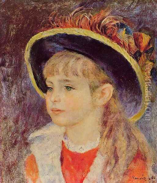 Young Girl In A Blue Hat Oil Painting - Pierre Auguste Renoir