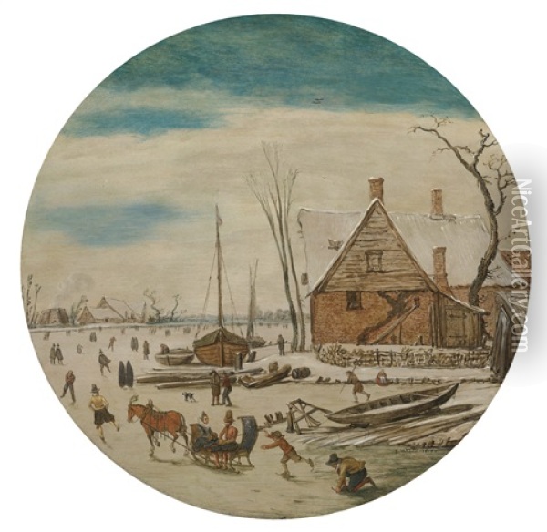 Winter Landscape With Skaters And A Farm House Oil Painting - Esaias van de Velde the Elder