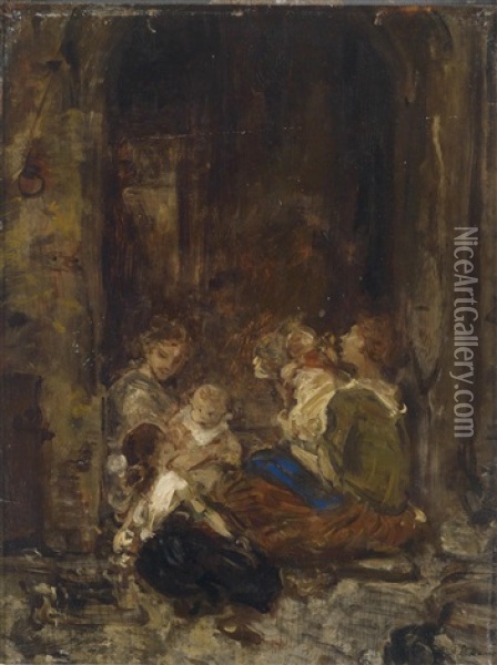 Mutter Mit Kindern (study) Oil Painting - Ludwig Knaus