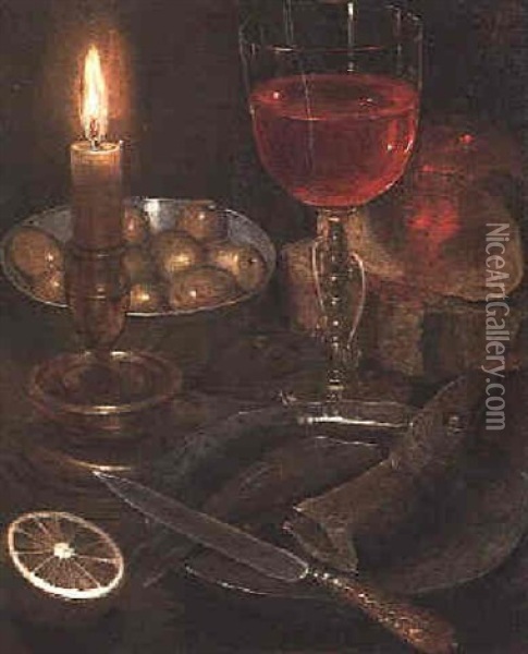 A Still Life Of Olives In A Porcelain Bowl, Bread, Cheese, A Glass Of Red Wine, A Lit Candle, A Fish On A Plate With A Bone Handled Knife And Half A Lemon With A Mouse On A Table Oil Painting - Georg Flegel