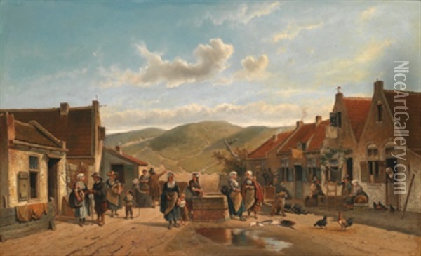 Unterhaltung Am Dorfbrunnen Oil Painting - Jan Geerard Smits