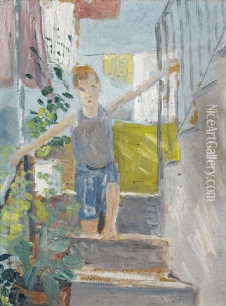 Knabe Auf Treppe Oil Painting - Ernst Traugott Schiess