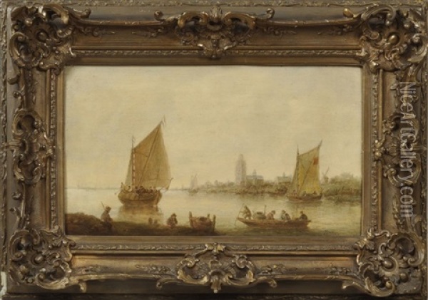 Hollandische Landschaft Mit Fischerbooten In Hafen Vor Stadtsilhouette Oil Painting - Franz-Joseph (Weber) Textor