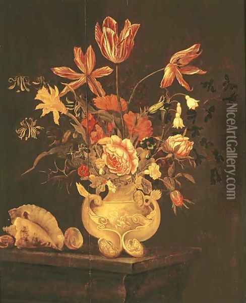 Tulips, roses, a daffodil and other flowers in a sculpted urn with shells on a table ledge Oil Painting - Dutch School