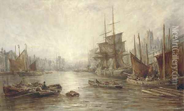 Fishing boats in the harbour at Dordrecht, sunset Oil Painting - William Edward Webb