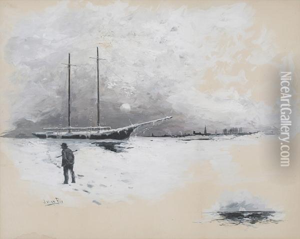 Schooner In Ice With A City In The Distance Oil Painting - Julian Walbridge Rix