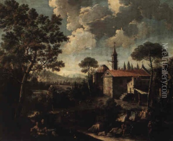 Landscape With Shepherd By A Stream And A Church In The Background Oil Painting - Giovanni Battista Cimaroli