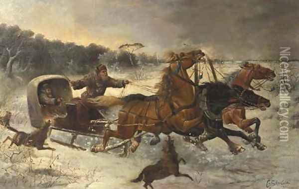 Wolves attacking travellers in a troika Oil Painting - Constantin Stoiloff