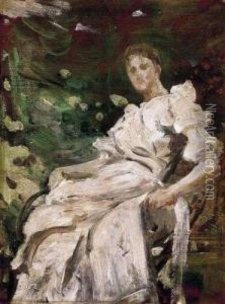 Woman In White Dress Oil Painting - Arpad Feszty