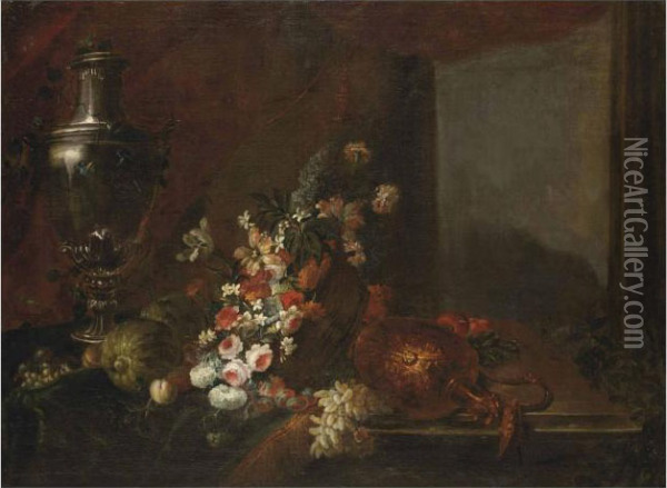 An Urn, A Wicker Basket Filled With Flowers And A Golden Can, All On A Wooden Ledge Oil Painting - Alexandre-Francois Desportes