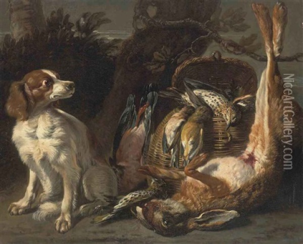 A Spaniel, With Dead Birds In A Basket And A Dead Rabbit, In A Landscape Oil Painting - David de Coninck