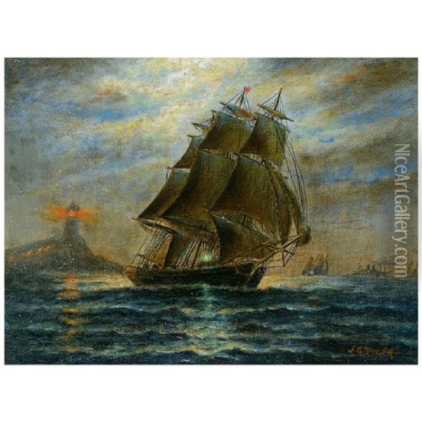 Three Mast Ship With Lighthouse At Night Oil Painting - James Gale Tyler