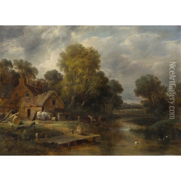 A Wooded River Landscape With Punt Oil Painting - William Henry Crome