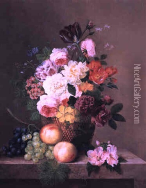 Nature Morte Avec Des Roses, Tulipes, Raisins, Et Peches Oil Painting - Arnoldus Bloemers