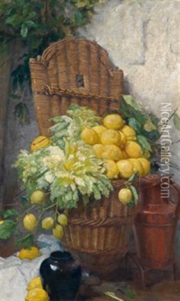 Groses Stillleben Mit Einem Zitronenkorb (+ Gartenlandschaft, Verso) Oil Painting - Helen Iversen