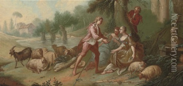 An Amorous Couple In A Garden (+ A Shepherd With His Flock Courting Two Ladies; Pair) Oil Painting - Jean Baptiste Huet